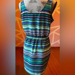 Loft summer dress, size 6P, blue & green stripe.
